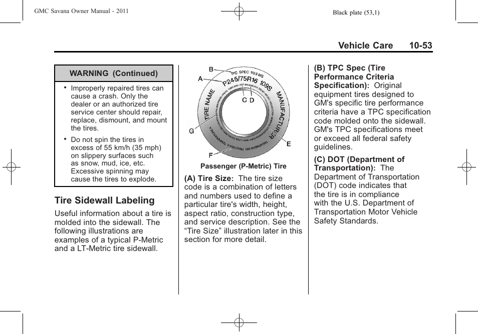 Tire sidewall labeling, Tire sidewall labeling -53, Vehicle care 10-53 | GMC 2011 Savana User Manual | Page 319 / 410