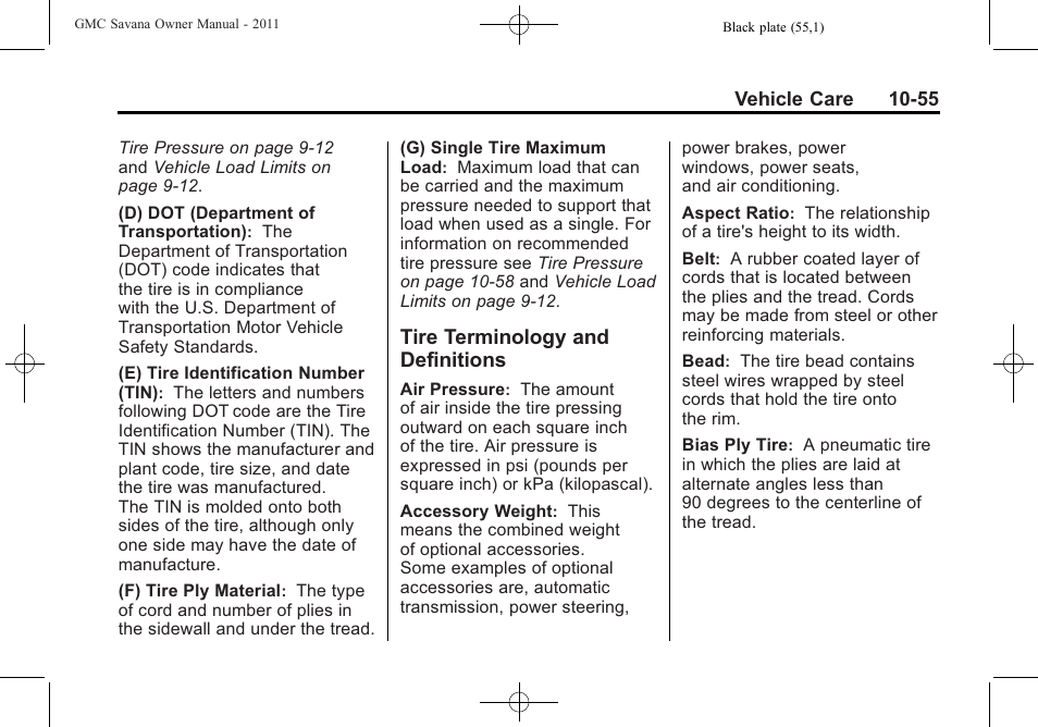 Tire terminology and definitions, Tire terminology and, Definitions -55 | GMC 2011 Savana User Manual | Page 321 / 410