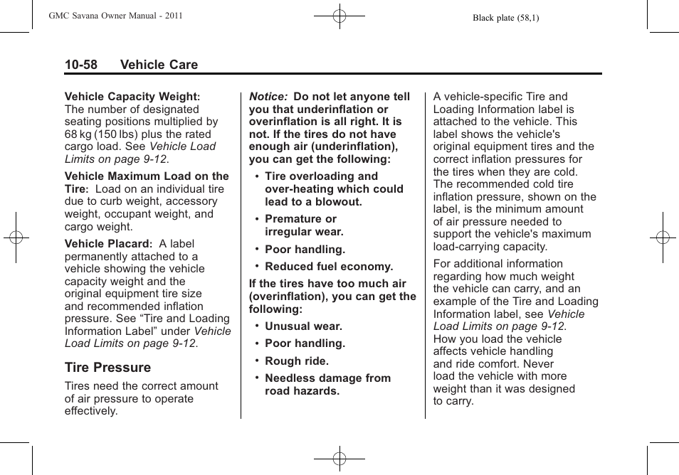 Tire pressure, Tire pressure -58, Tire | 58 vehicle care | GMC 2011 Savana User Manual | Page 324 / 410