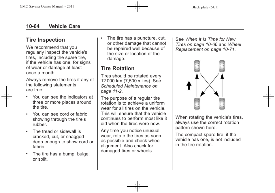 Tire inspection, Tire rotation, Tire inspection -64 tire rotation -64 | 64 vehicle care | GMC 2011 Savana User Manual | Page 330 / 410