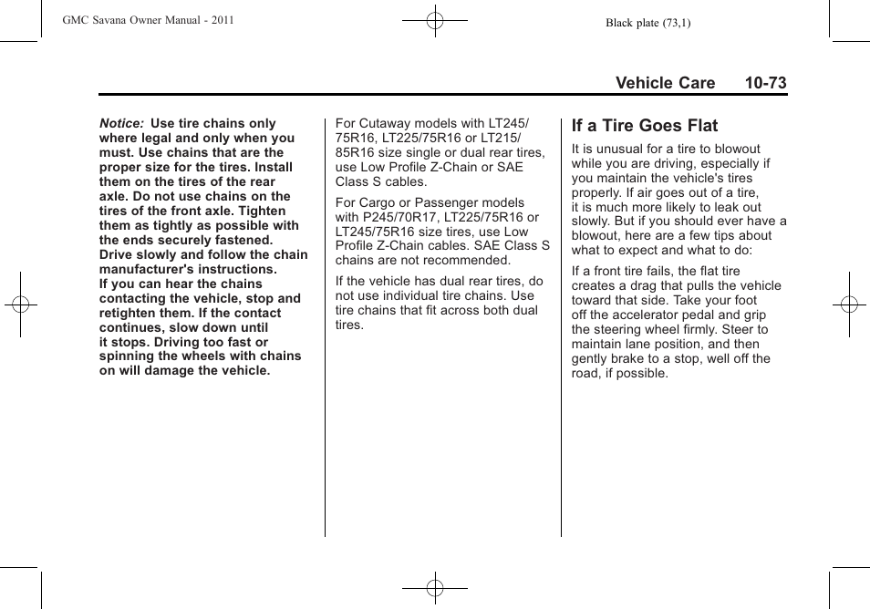 If a tire goes flat, If a tire goes flat -73 | GMC 2011 Savana User Manual | Page 339 / 410