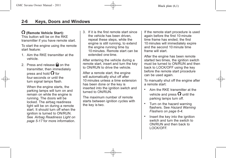 6 keys, doors and windows | GMC 2011 Savana User Manual | Page 34 / 410