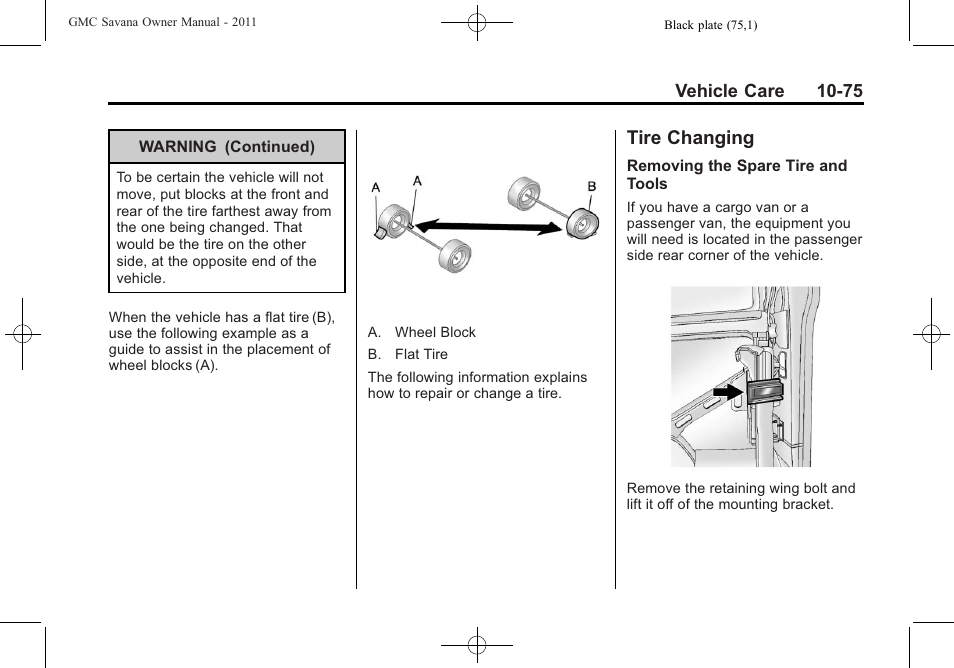 Tire changing, Ire changing -75 | GMC 2011 Savana User Manual | Page 341 / 410