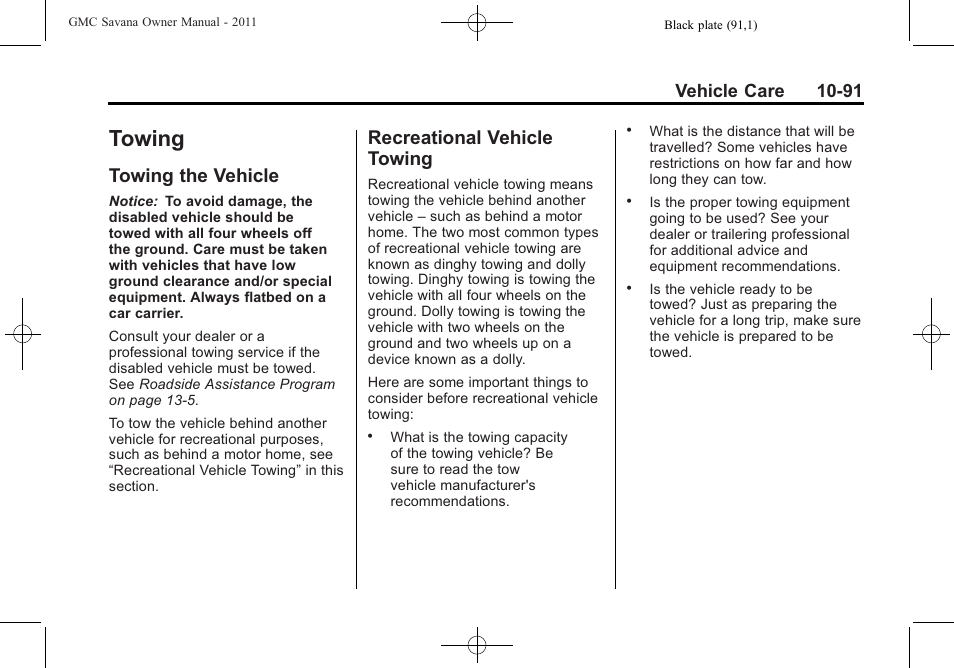 Towing, Towing the vehicle, Recreational vehicle towing | Towing -91, Technical, Towing the vehicle -91 recreational vehicle, Vehicle care 10-91 | GMC 2011 Savana User Manual | Page 357 / 410