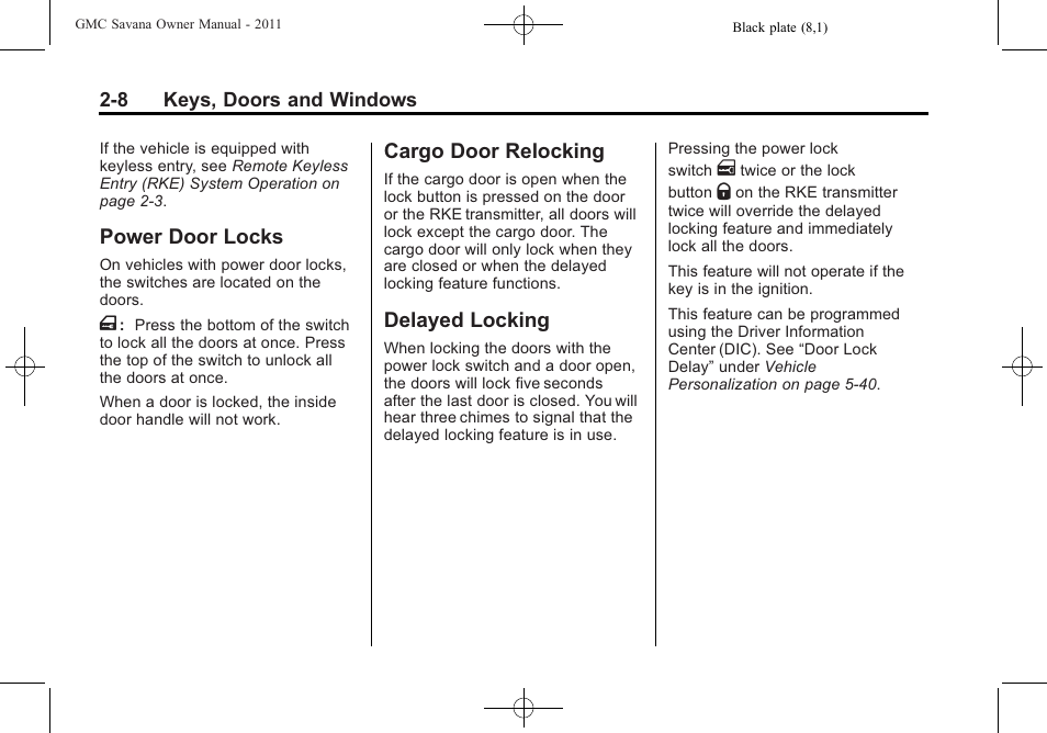 Power door locks, Cargo door relocking, Delayed locking | GMC 2011 Savana User Manual | Page 36 / 410