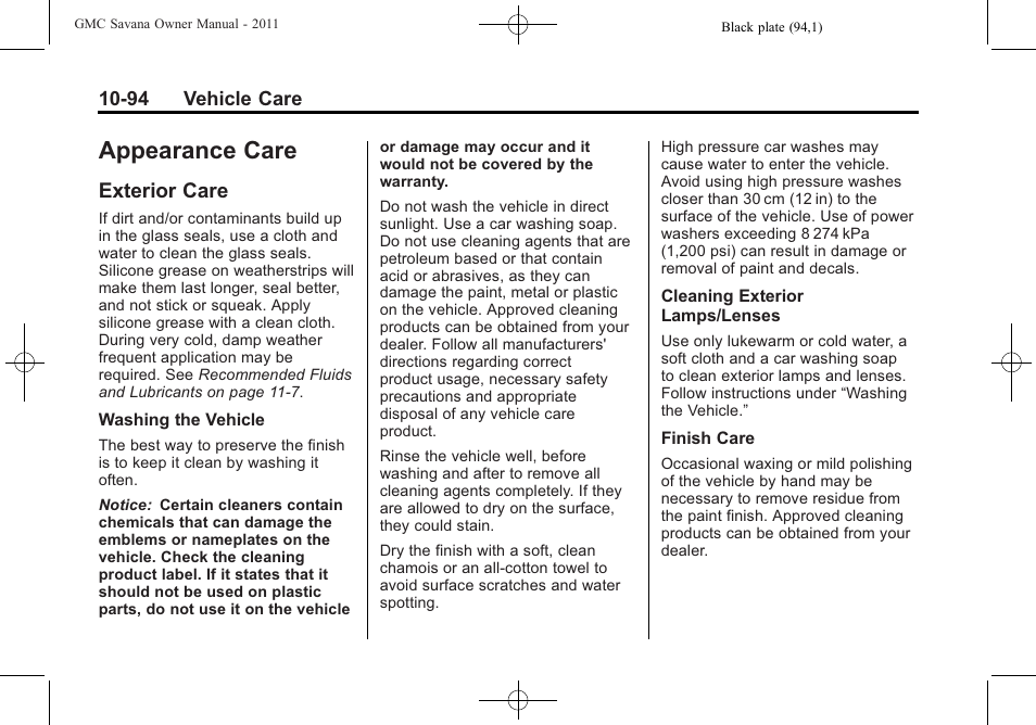 Appearance care, Exterior care, Appearance care -94 | Vehicle identification, Exterior care -94 | GMC 2011 Savana User Manual | Page 360 / 410