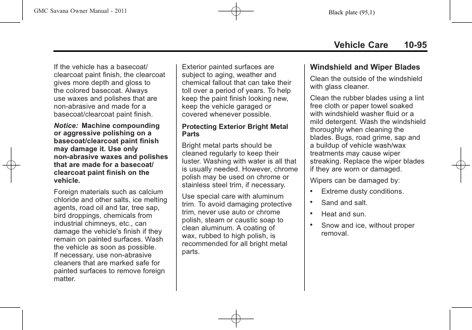 Vehicle care 10-95 | GMC 2011 Savana User Manual | Page 361 / 410