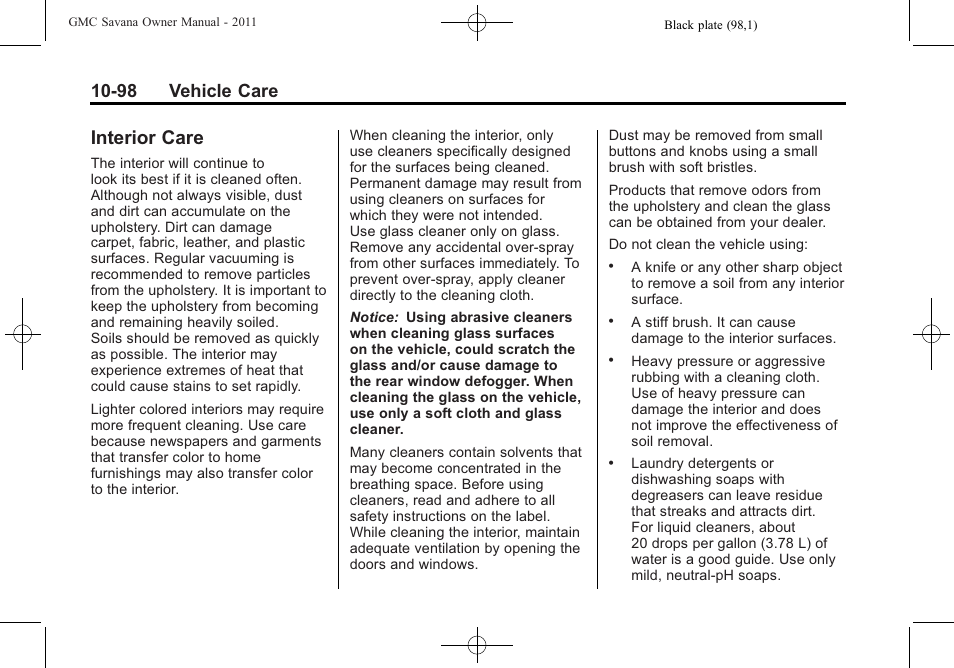 Interior care, Interior care -98, 98 vehicle care | GMC 2011 Savana User Manual | Page 364 / 410