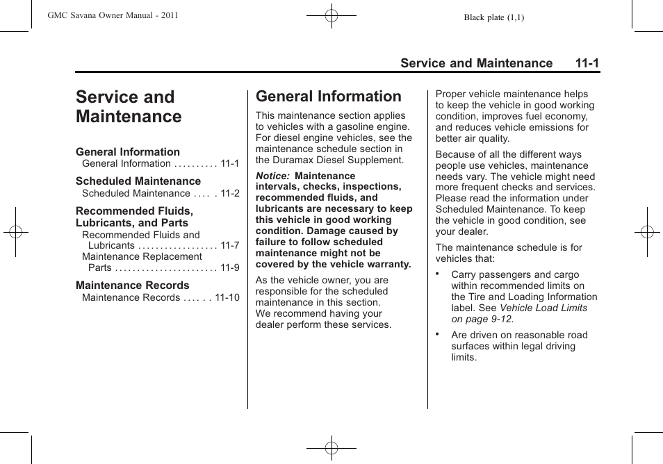 Service and maintenance, General information, Service and maintenance -1 | Information -1 | GMC 2011 Savana User Manual | Page 367 / 410