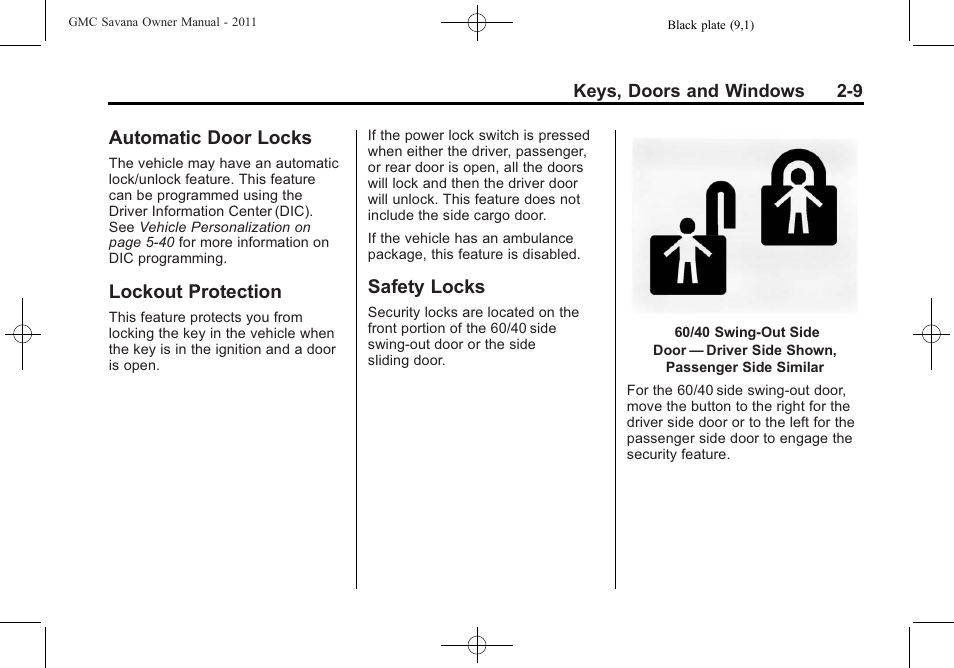 Automatic door locks, Lockout protection, Safety locks | GMC 2011 Savana User Manual | Page 37 / 410