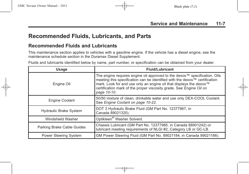 Recommended fluids, lubricants, and parts, Recommended fluids and lubricants, Fluids | And parts -7, Recommended fluids and, Lubricants -7, Service and maintenance 11-7 | GMC 2011 Savana User Manual | Page 373 / 410