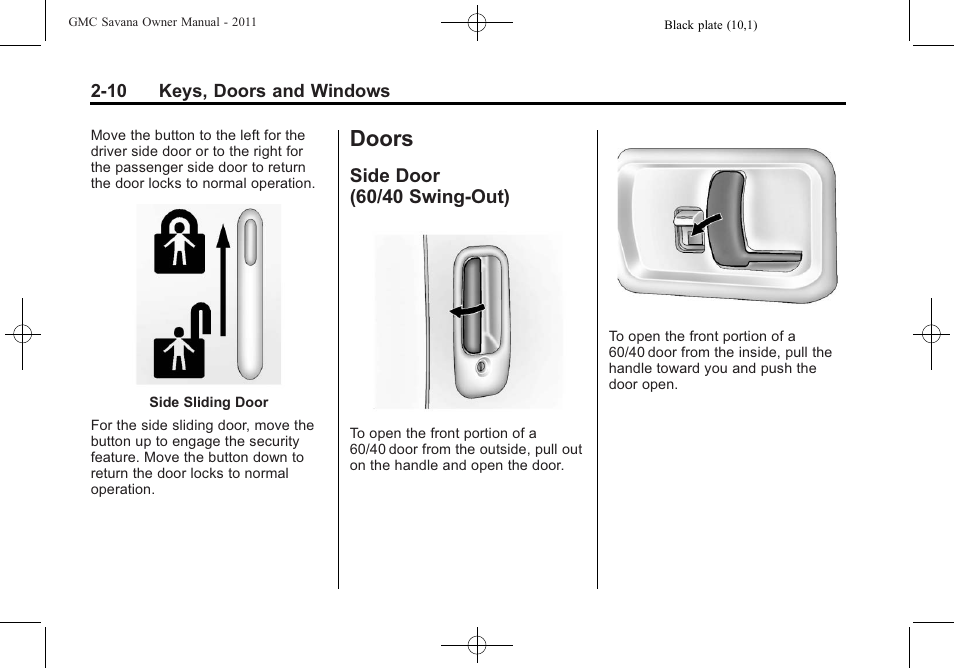 Doors, Side door (60/40 swing-out), Doors -10 | Vehicle, Side door, 60/40 swing-out) -10 | GMC 2011 Savana User Manual | Page 38 / 410