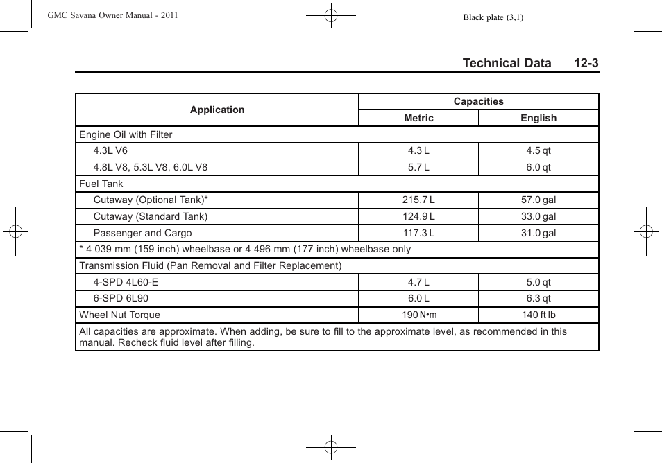 Technical data 12-3 | GMC 2011 Savana User Manual | Page 381 / 410