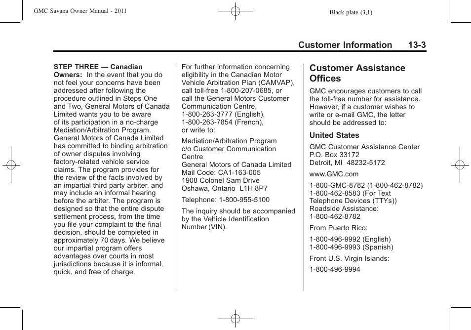 Customer assistance offices, Customer assistance, Offices -3 | Vehicle, Customer information 13-3 | GMC 2011 Savana User Manual | Page 385 / 410