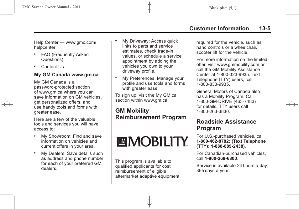 Gm mobility reimbursement program, Roadside assistance program, Gm mobility reimbursement | Program -5, Roadside assistance, Radio frequency, Customer information 13-5 | GMC 2011 Savana User Manual | Page 387 / 410