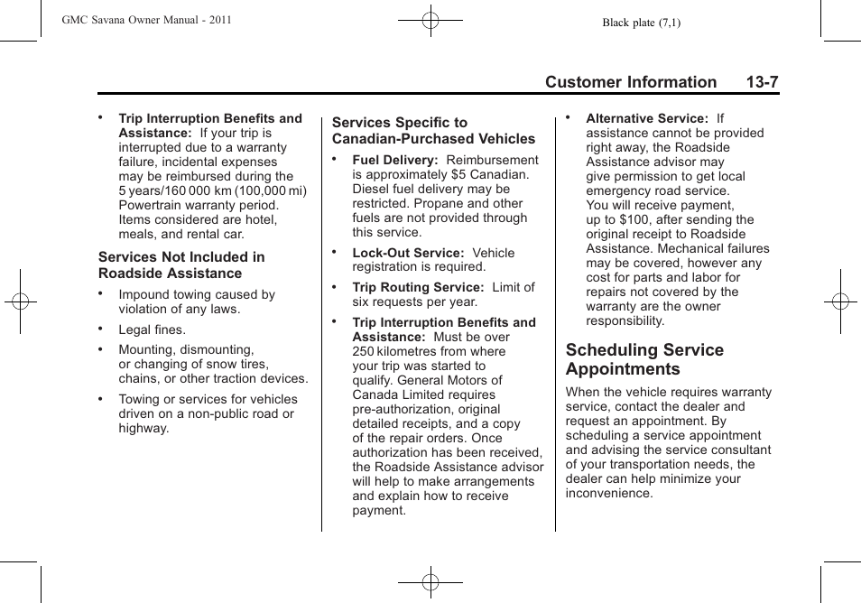 Scheduling service appointments, Scheduling service, Appointments -7 | Customer information 13-7 | GMC 2011 Savana User Manual | Page 389 / 410