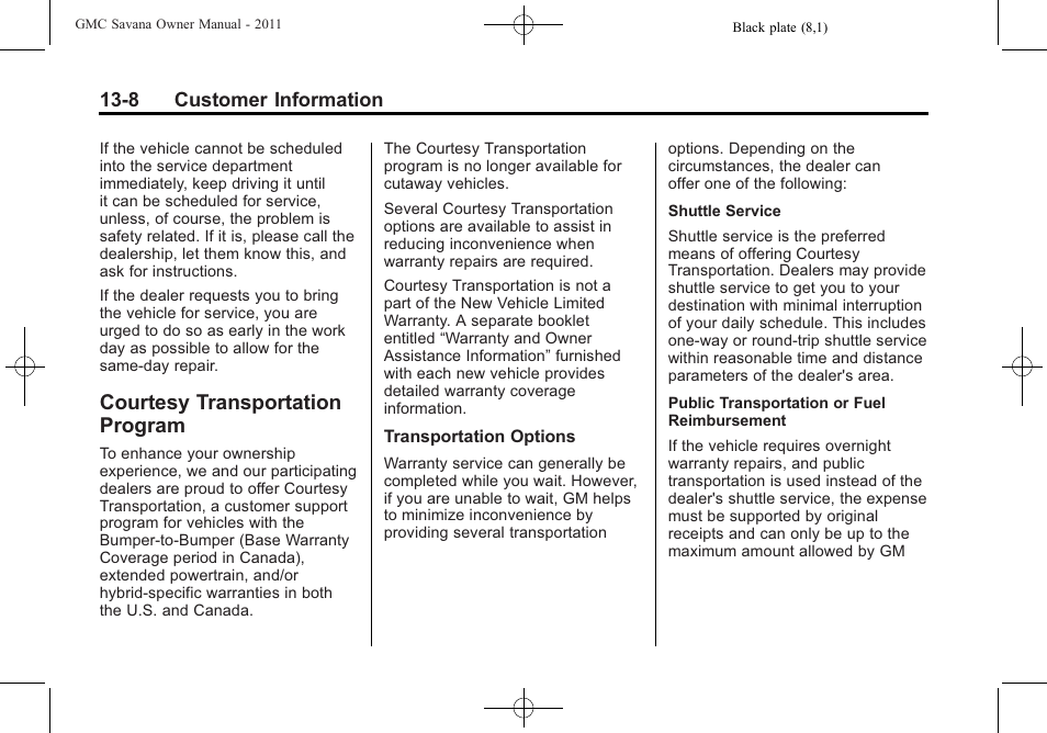 Courtesy transportation program, Courtesy transportation, Program -8 | GMC 2011 Savana User Manual | Page 390 / 410