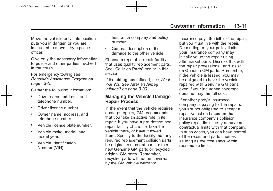 Customer information 13-11 | GMC 2011 Savana User Manual | Page 393 / 410