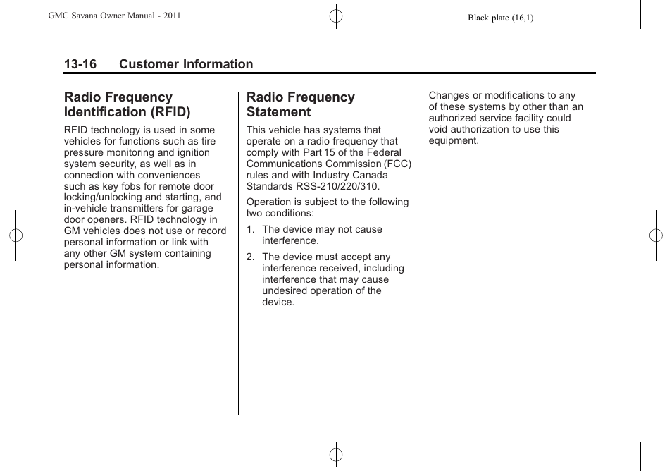 Radio frequency identification (rfid), Radio frequency statement, Identification (rfid) -16 | Radio frequency, Statement -16 | GMC 2011 Savana User Manual | Page 398 / 410