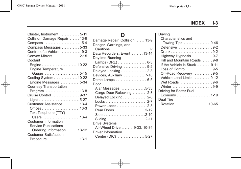 Index_d, Index i-3 | GMC 2011 Savana User Manual | Page 401 / 410