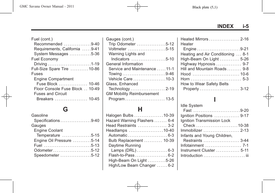 Index_g, Index_h, Index_i | GMC 2011 Savana User Manual | Page 403 / 410