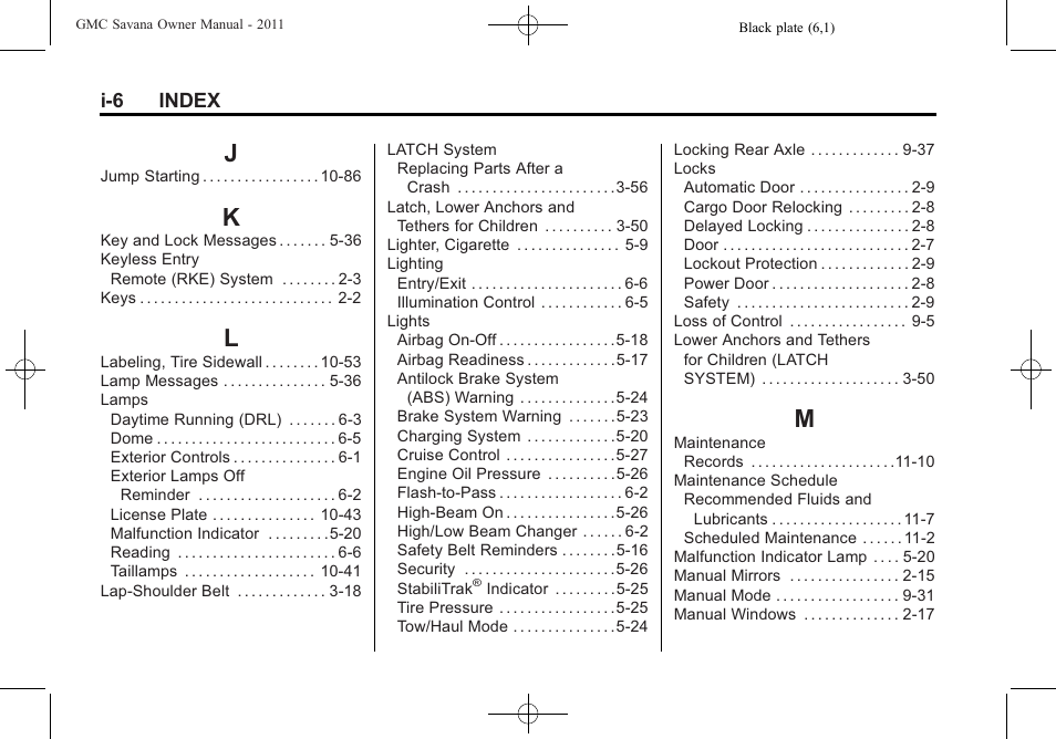 Index_j, Index_k, Index_l | Index_m | GMC 2011 Savana User Manual | Page 404 / 410