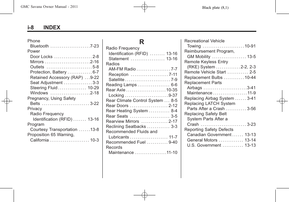 Index_r, I-8 index | GMC 2011 Savana User Manual | Page 406 / 410