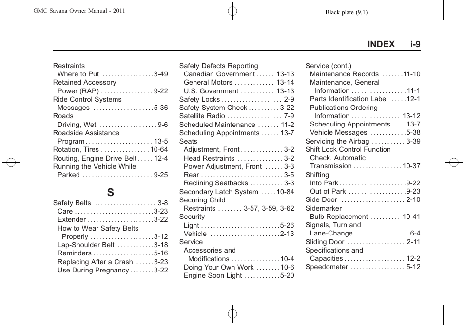 Index_s, Index i-9 | GMC 2011 Savana User Manual | Page 407 / 410