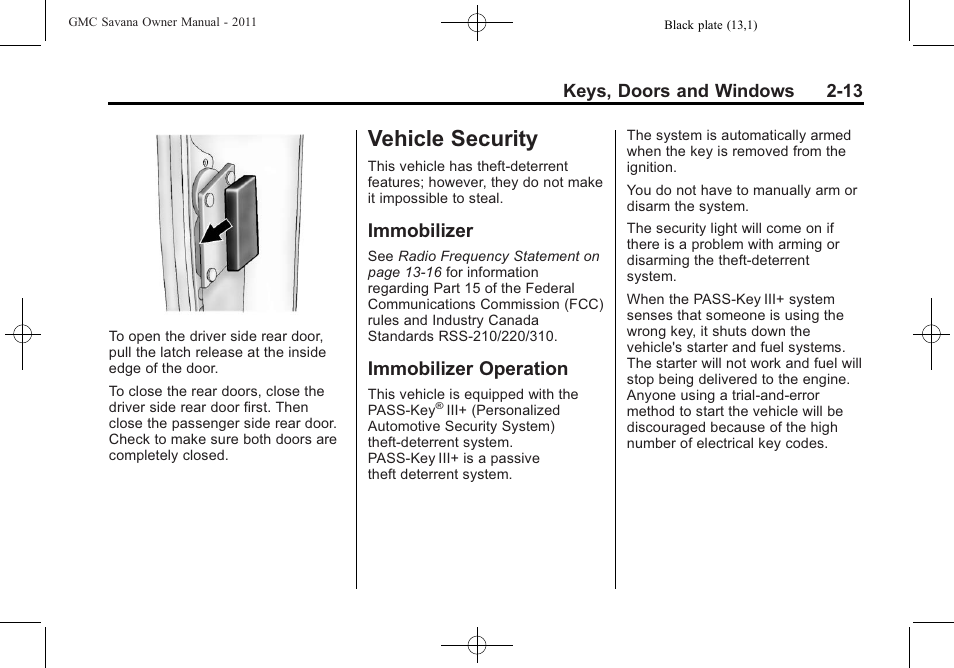 Vehicle security, Immobilizer, Immobilizer operation | Vehicle security -13 | GMC 2011 Savana User Manual | Page 41 / 410