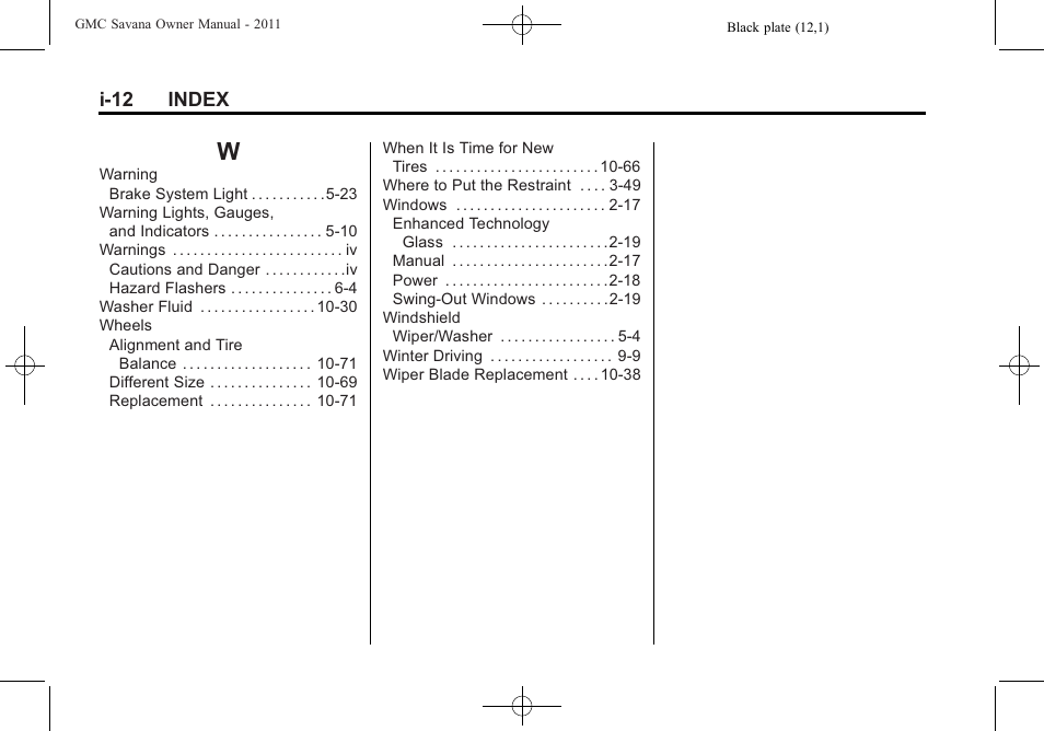 Index_w, I-12 index | GMC 2011 Savana User Manual | Page 410 / 410