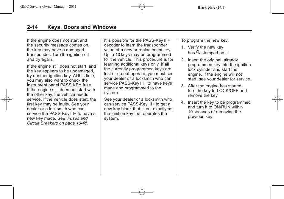 14 keys, doors and windows | GMC 2011 Savana User Manual | Page 42 / 410