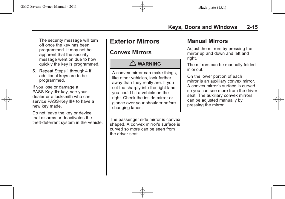 Exterior mirrors, Convex mirrors, Manual mirrors | Exterior mirrors -15, Lighting, Convex mirrors -15 manual mirrors -15 | GMC 2011 Savana User Manual | Page 43 / 410