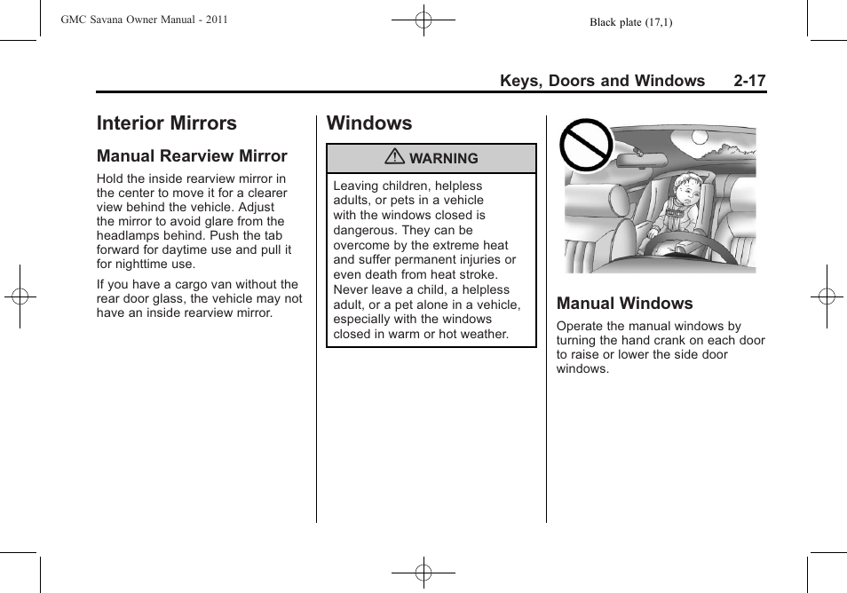 Interior mirrors, Manual rearview mirror, Windows | Manual windows, Interior mirrors -17 windows -17, Interior lighting, Manual rearview mirror -17, Windows -17 manual windows -17 | GMC 2011 Savana User Manual | Page 45 / 410