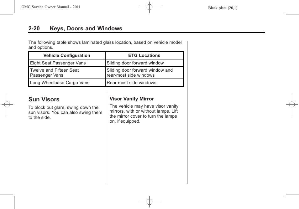 Sun visors, Sun visors -20 | GMC 2011 Savana User Manual | Page 48 / 410