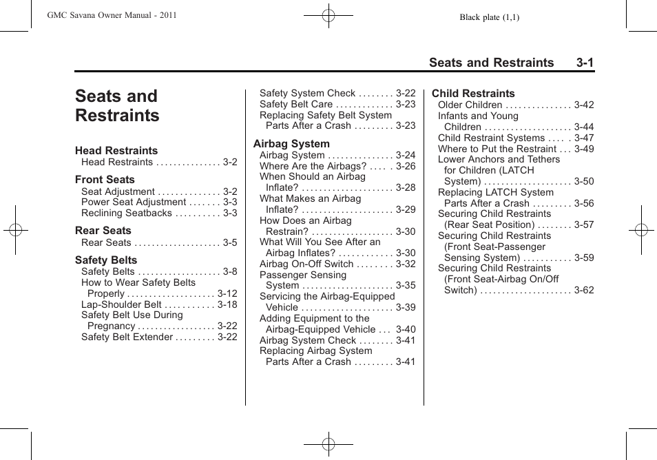 Seats and restraints, Seats and restraints -1, Seats and restraints 3-1 | GMC 2011 Savana User Manual | Page 49 / 410