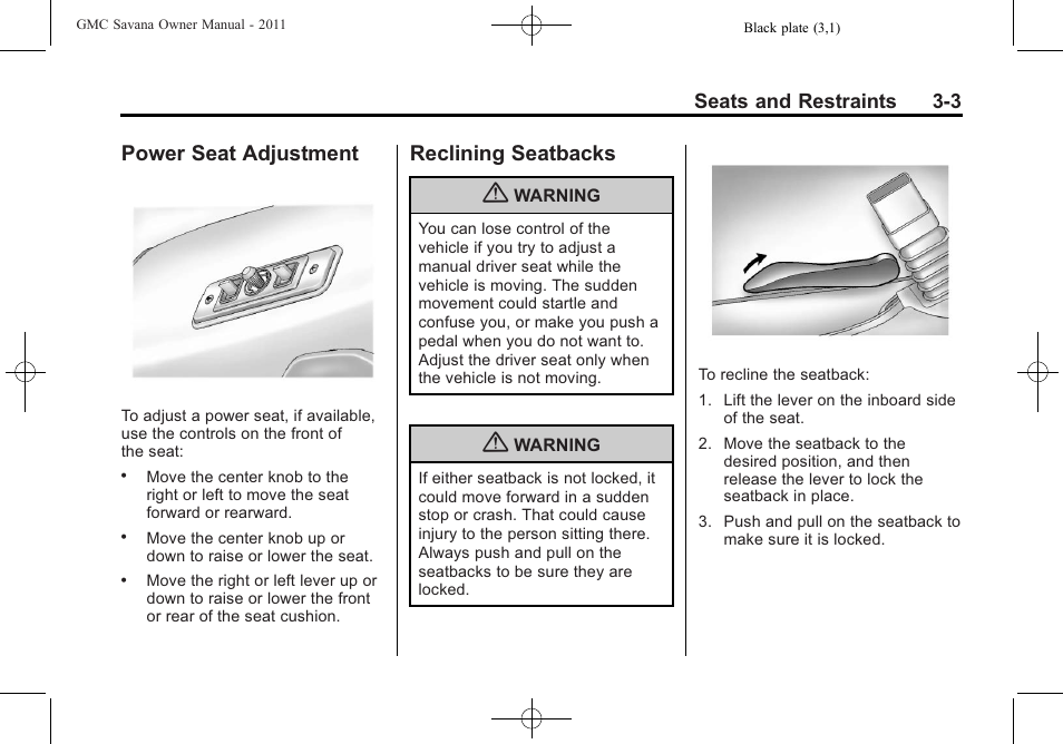 Power seat adjustment, Reclining seatbacks, Power seat adjustment -3 reclining seatbacks -3 | GMC 2011 Savana User Manual | Page 51 / 410