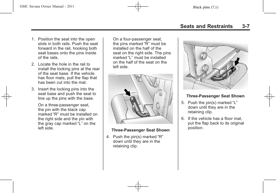 Seats and restraints 3-7 | GMC 2011 Savana User Manual | Page 55 / 410