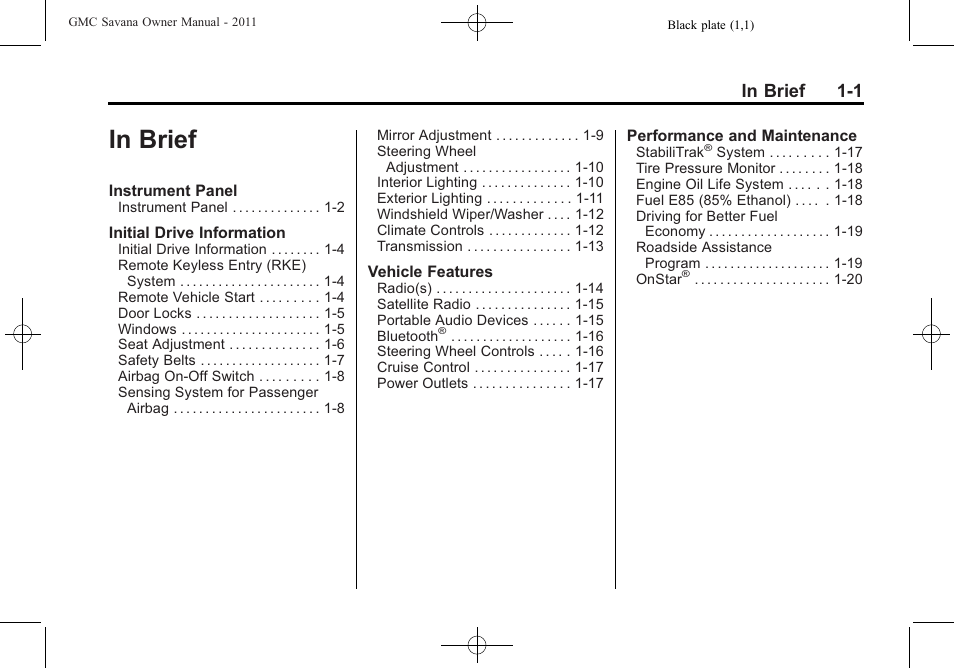 In brief, In brief -1 | GMC 2011 Savana User Manual | Page 7 / 410