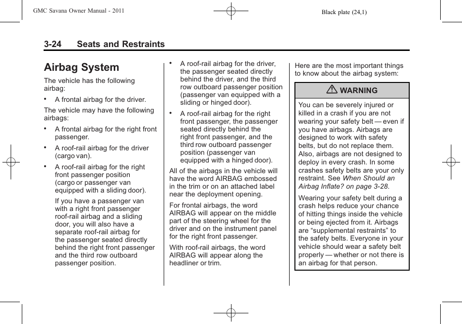 Airbag system, Airbag system -24, 24 seats and restraints | GMC 2011 Savana User Manual | Page 72 / 410