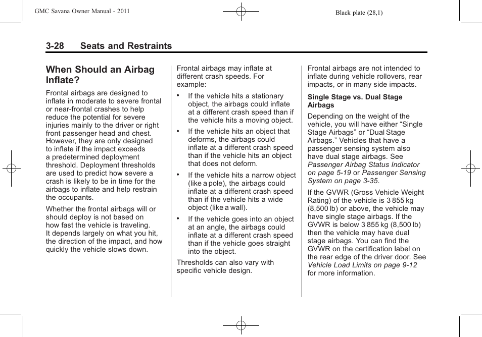 When should an airbag inflate, When should an airbag, Inflate? -28 | 28 seats and restraints | GMC 2011 Savana User Manual | Page 76 / 410