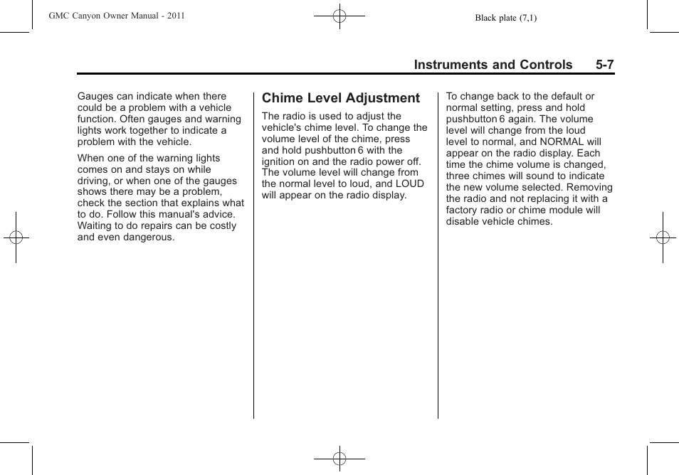 Chime level adjustment, Chime level adjustment -7 | GMC 2011 Canyon User Manual | Page 121 / 406