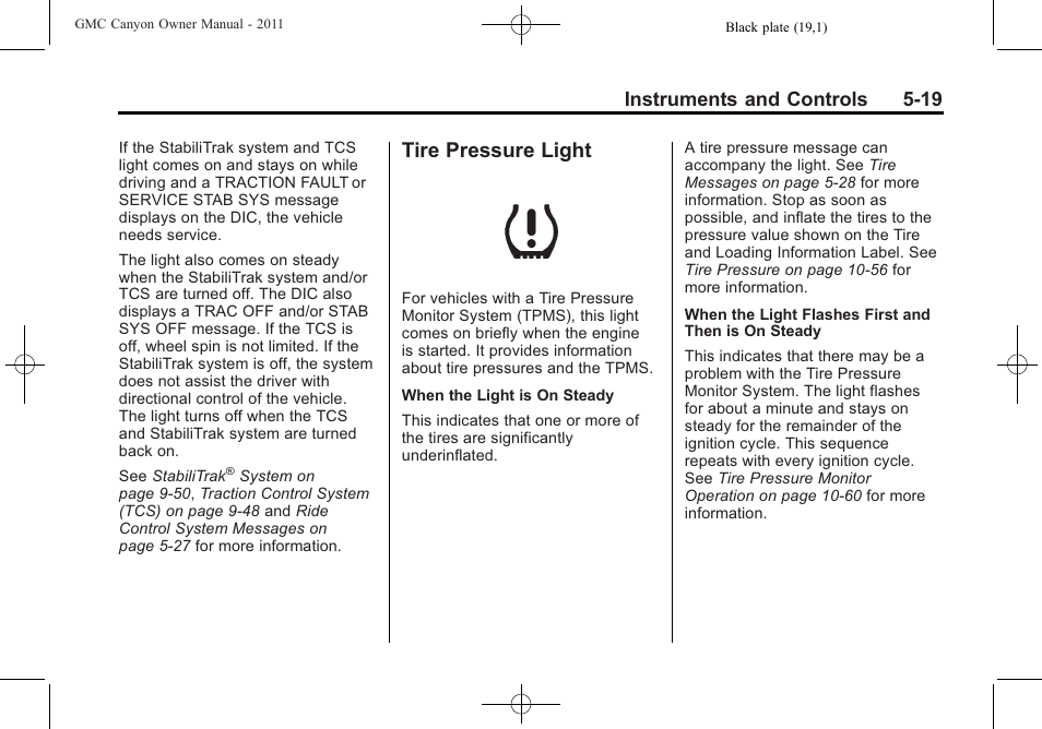 Tire pressure light, Tire pressure light -19, Instruments and controls 5-19 | GMC 2011 Canyon User Manual | Page 133 / 406