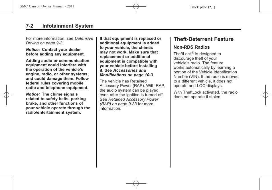 Theft-deterrent feature, Theft-deterrent feature -2, 2 infotainment system | GMC 2011 Canyon User Manual | Page 152 / 406