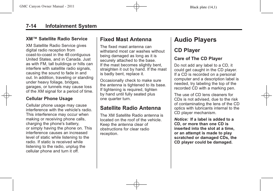 Fixed mast antenna, Satellite radio antenna, Audio players | Cd player, Audio players -14, Fixed mast antenna -14 satellite radio antenna -14, Cd player -14 | GMC 2011 Canyon User Manual | Page 164 / 406