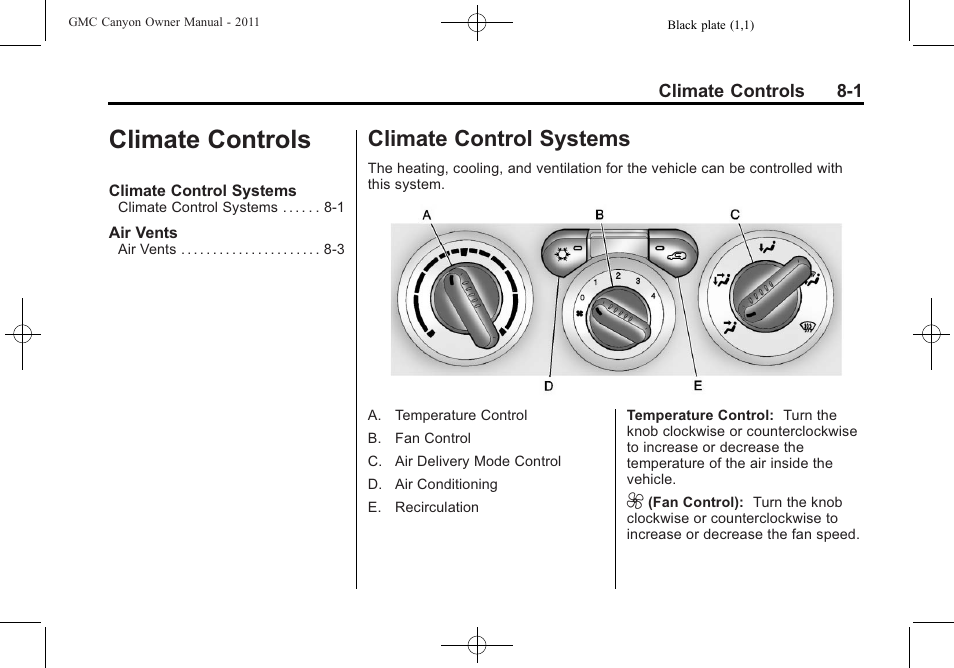 Climate controls, Climate control systems, Climate controls -1 | Control systems -1, Climate control systems on | GMC 2011 Canyon User Manual | Page 179 / 406