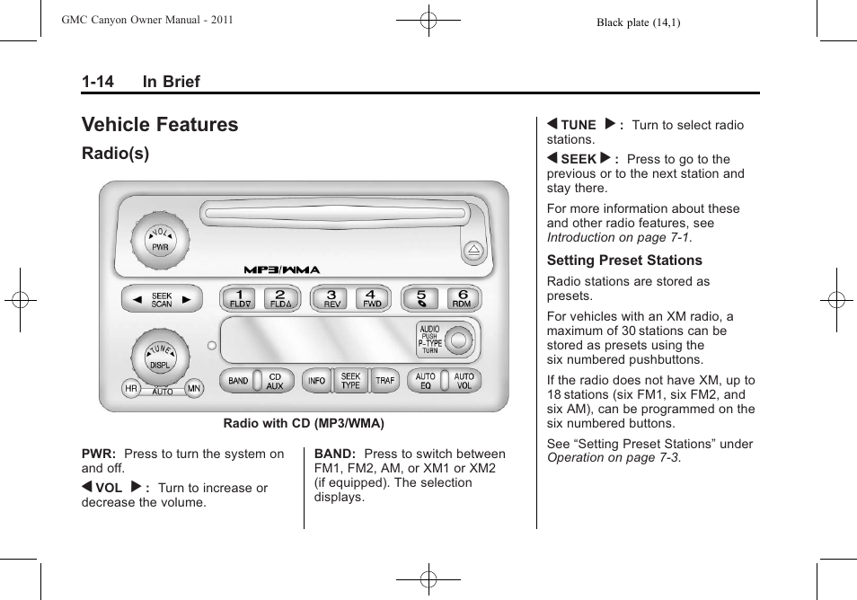 Vehicle features, Radio(s), Vehicle features -14 | Instruments and, Radio(s) -14 | GMC 2011 Canyon User Manual | Page 20 / 406