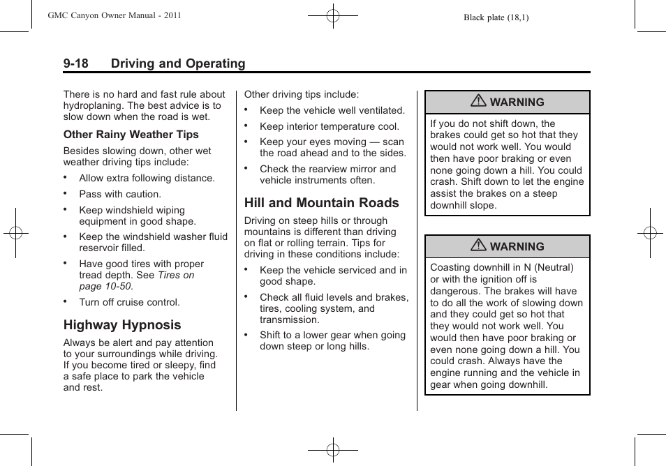 Highway hypnosis, Hill and mountain roads, Highway hypnosis -18 hill and mountain roads -18 | 18 driving and operating | GMC 2011 Canyon User Manual | Page 200 / 406