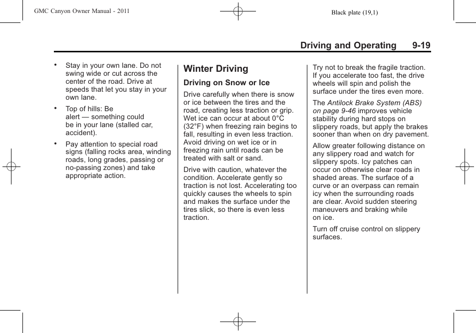 Winter driving, Winter driving -19, Driving and operating 9-19 | GMC 2011 Canyon User Manual | Page 201 / 406
