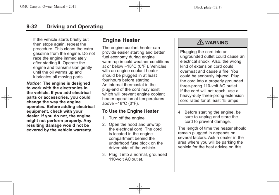 Engine heater, Engine heater -32 | GMC 2011 Canyon User Manual | Page 214 / 406