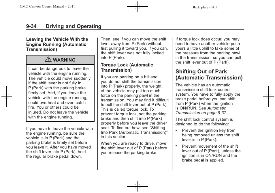 Shifting out of park (automatic transmission), Shifting out of park, Transmission) -34 | GMC 2011 Canyon User Manual | Page 216 / 406